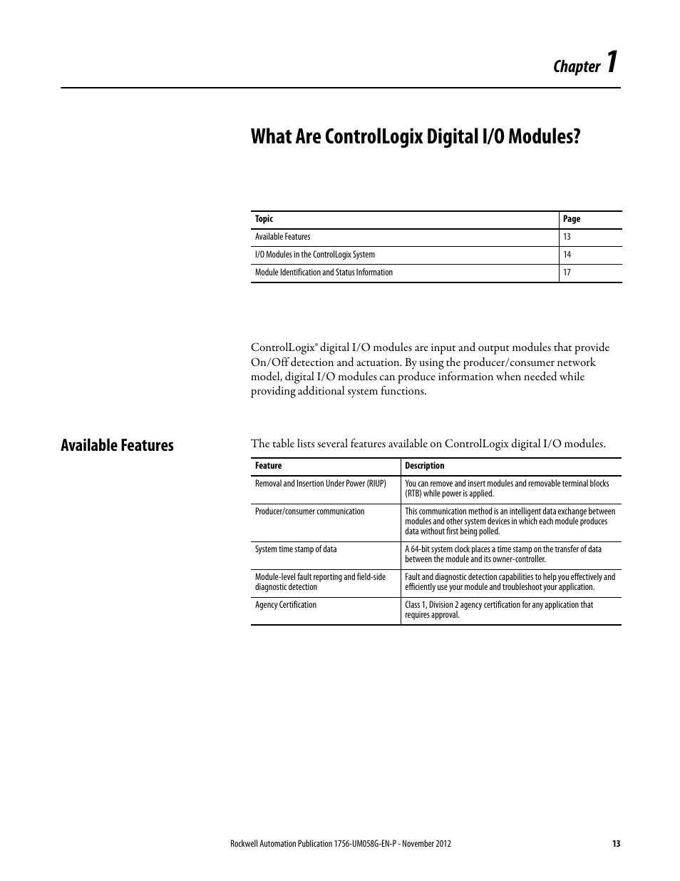 1 - what are controllogix digital i/o modules, Available features, Chapter 1 | What are controllogix digital i/o modules, Chapter | Rockwell Automation 1756-XXXX ControlLogix Digital I/O Modules User Manual | Page 13 / 258