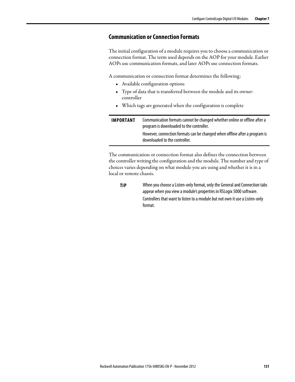 Communication or connection formats, Communication or connection formats on, Communication or connection | Rockwell Automation 1756-XXXX ControlLogix Digital I/O Modules User Manual | Page 131 / 258