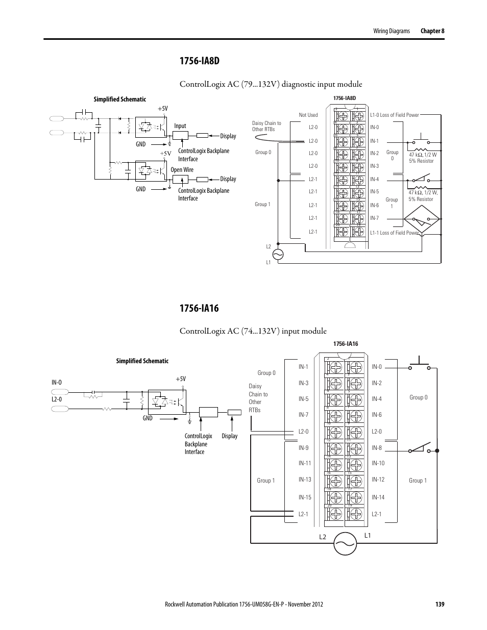 1756-ia8d, 1756-ia16, 1756-ia8d 1756-ia16 | Controllogix ac (79 v) diagnostic input module, Controllogix ac (74 v) input module, Controllogix backplane interface | Rockwell Automation 1756-XXXX ControlLogix Digital I/O Modules User Manual | Page 139 / 258