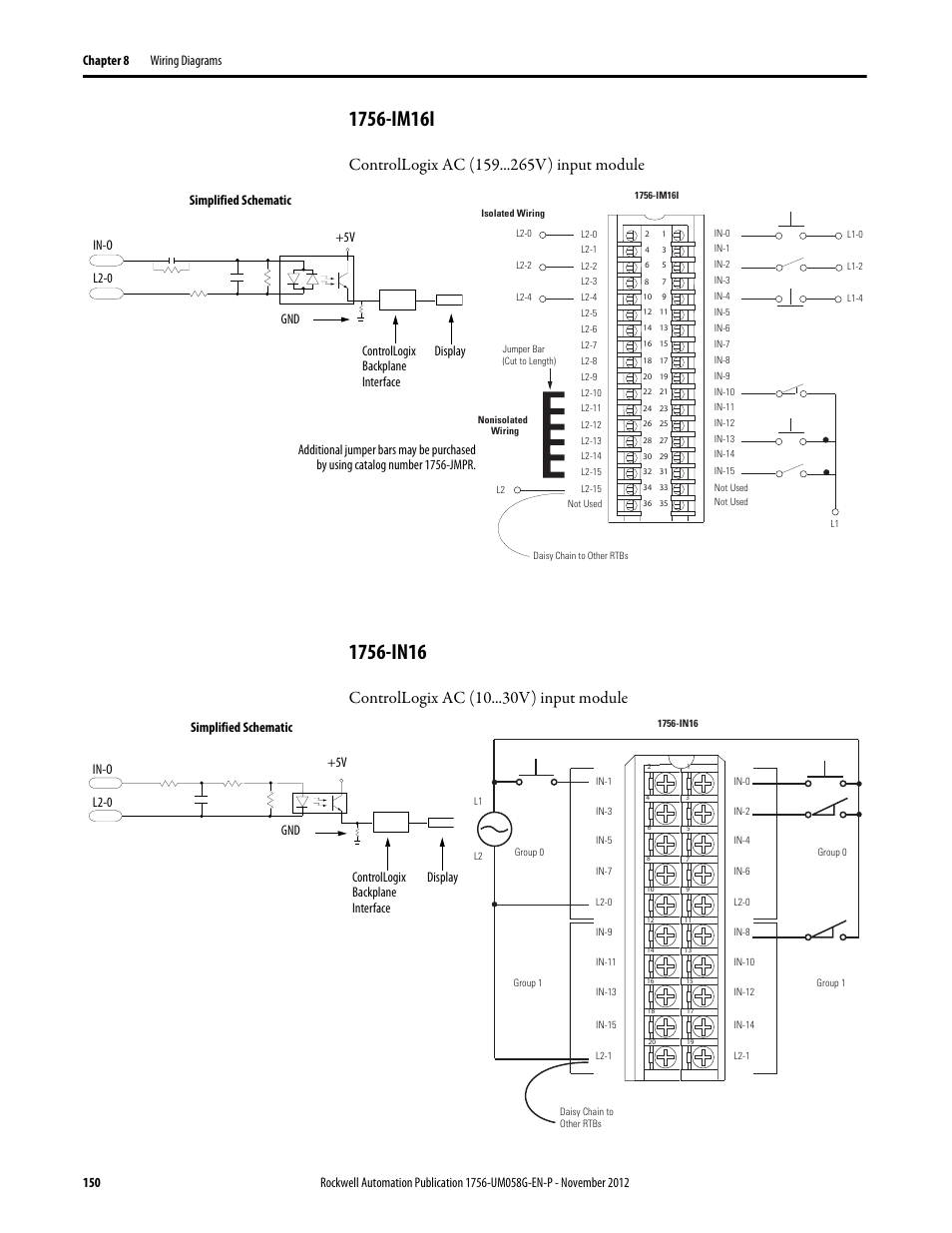 1756-im16i, 1756-in16, 1756-im16i 1756-in16 | Controllogix ac (159 v) input module, Controllogix ac (10 v) input module | Rockwell Automation 1756-XXXX ControlLogix Digital I/O Modules User Manual | Page 150 / 258