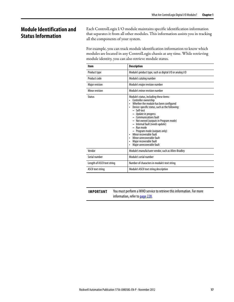 Module identification and status information | Rockwell Automation 1756-XXXX ControlLogix Digital I/O Modules User Manual | Page 17 / 258