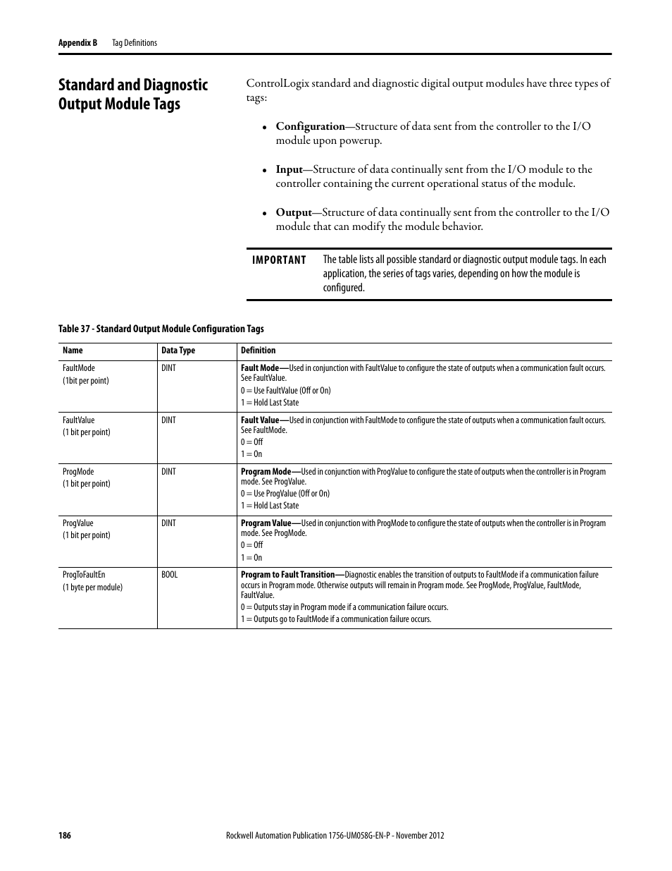 Standard and diagnostic output module tags | Rockwell Automation 1756-XXXX ControlLogix Digital I/O Modules User Manual | Page 186 / 258