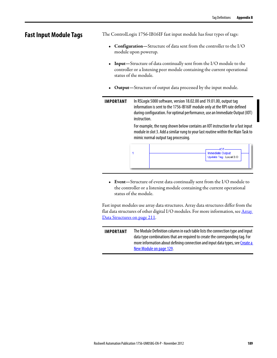 Fast input module tags | Rockwell Automation 1756-XXXX ControlLogix Digital I/O Modules User Manual | Page 189 / 258