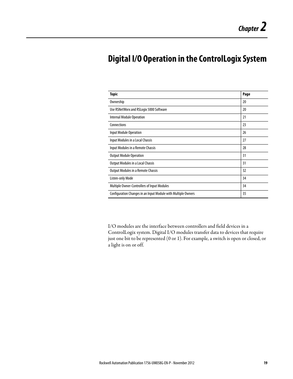 Chapter 2, Digital i/o operation in the controllogix system, Chapter | Rockwell Automation 1756-XXXX ControlLogix Digital I/O Modules User Manual | Page 19 / 258