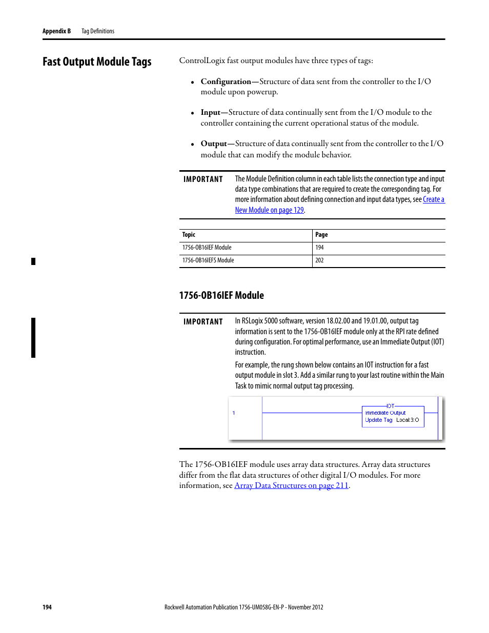 Fast output module tags, 1756-ob16ief module | Rockwell Automation 1756-XXXX ControlLogix Digital I/O Modules User Manual | Page 194 / 258