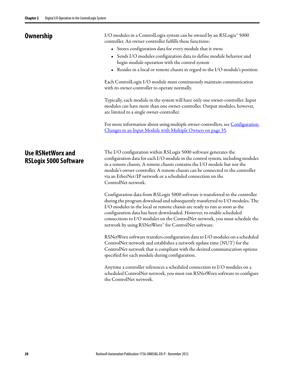 Ownership, Use rsnetworx and rslogix 5000 software, Ownership use rsnetworx and rslogix 5000 software | Rockwell Automation 1756-XXXX ControlLogix Digital I/O Modules User Manual | Page 20 / 258