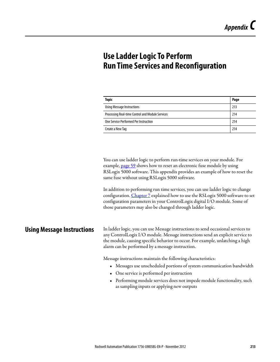 Using message instructions, Appendix c, Appendix | Rockwell Automation 1756-XXXX ControlLogix Digital I/O Modules User Manual | Page 213 / 258