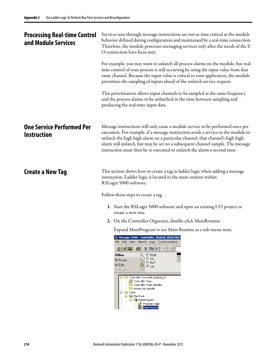 Processing real-time control and module services, One service performed per instruction, Create a new tag | Rockwell Automation 1756-XXXX ControlLogix Digital I/O Modules User Manual | Page 214 / 258