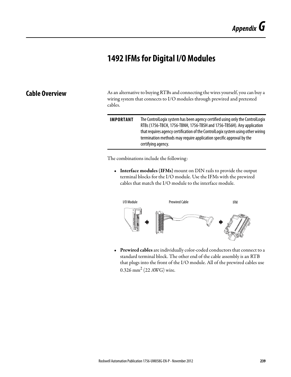 G - 1492 ifms for digital i/o modules, Cable overview, Appendix g | 1492 ifms for digital i/o modules, Appendix | Rockwell Automation 1756-XXXX ControlLogix Digital I/O Modules User Manual | Page 239 / 258