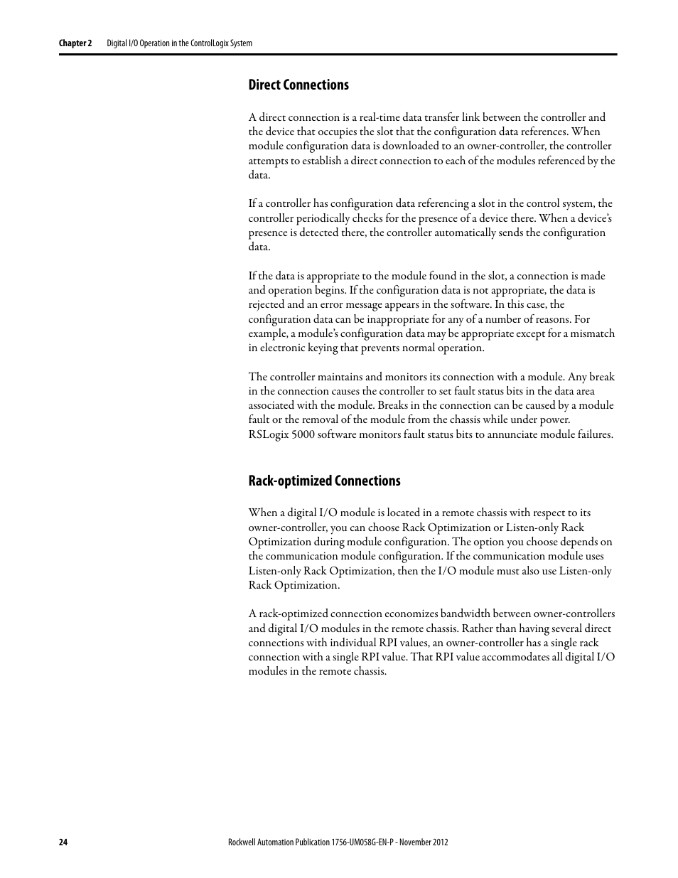 Direct connections, Rack-optimized connections, Direct connections rack-optimized connections | Rockwell Automation 1756-XXXX ControlLogix Digital I/O Modules User Manual | Page 24 / 258