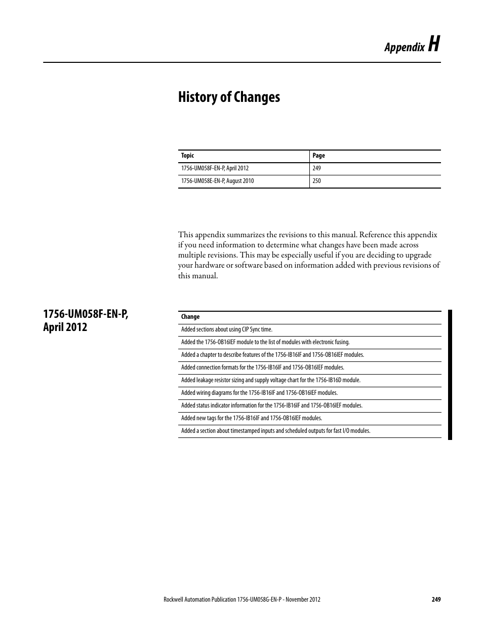 H - history of changes, 1756-um058f-en-p, april 2012, Appendix h | History of changes, Appendix | Rockwell Automation 1756-XXXX ControlLogix Digital I/O Modules User Manual | Page 249 / 258