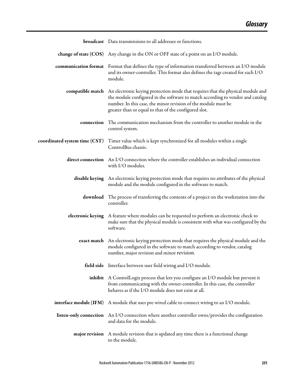 Glossary | Rockwell Automation 1756-XXXX ControlLogix Digital I/O Modules User Manual | Page 251 / 258