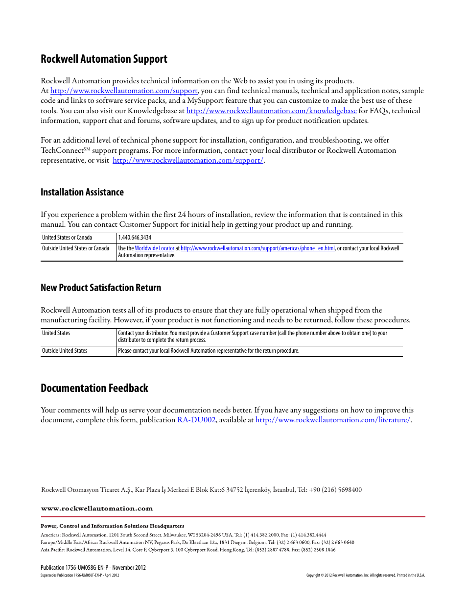 Back cover, Rockwell automation support, Documentation feedback | Installation assistance, New product satisfaction return | Rockwell Automation 1756-XXXX ControlLogix Digital I/O Modules User Manual | Page 258 / 258