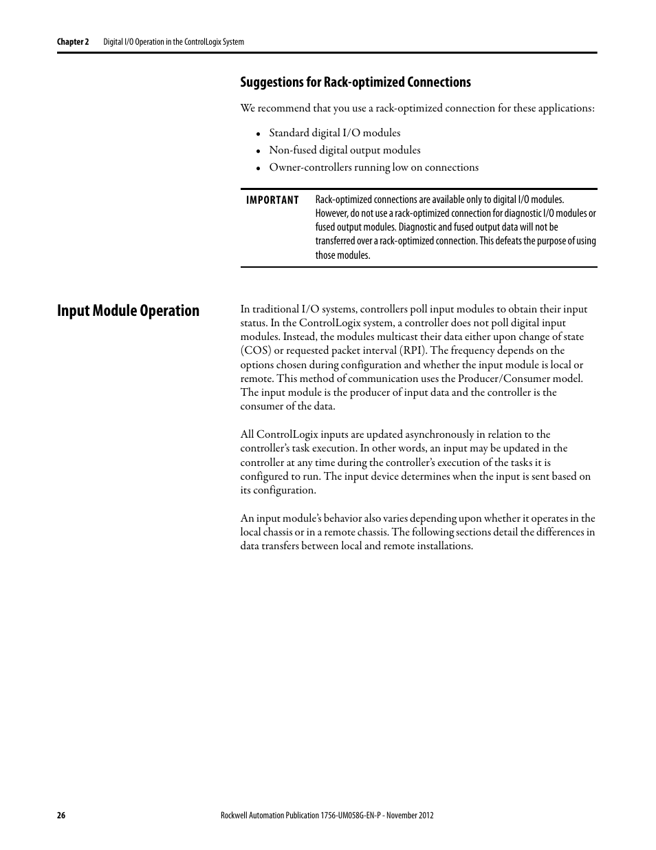 Suggestions for rack-optimized connections, Input module operation | Rockwell Automation 1756-XXXX ControlLogix Digital I/O Modules User Manual | Page 26 / 258