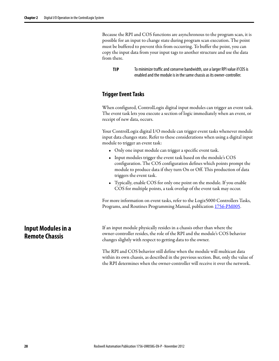 Trigger event tasks, Input modules in a remote chassis | Rockwell Automation 1756-XXXX ControlLogix Digital I/O Modules User Manual | Page 28 / 258