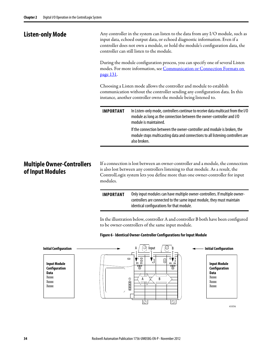 Listen-only mode, Multiple owner-controllers of input modules | Rockwell Automation 1756-XXXX ControlLogix Digital I/O Modules User Manual | Page 34 / 258