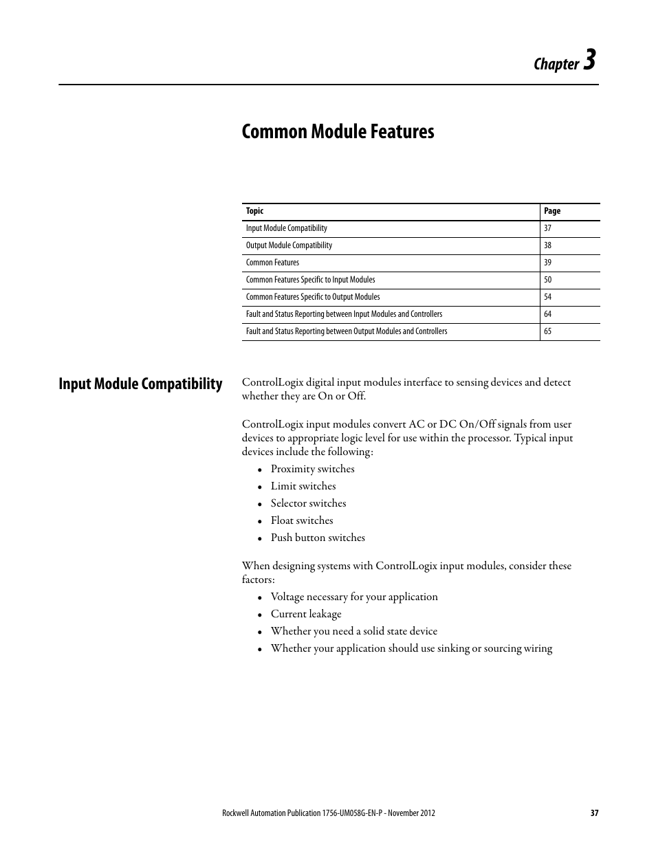 3 - common module features, Input module compatibility, Chapter 3 | Common module features, Chapter | Rockwell Automation 1756-XXXX ControlLogix Digital I/O Modules User Manual | Page 37 / 258