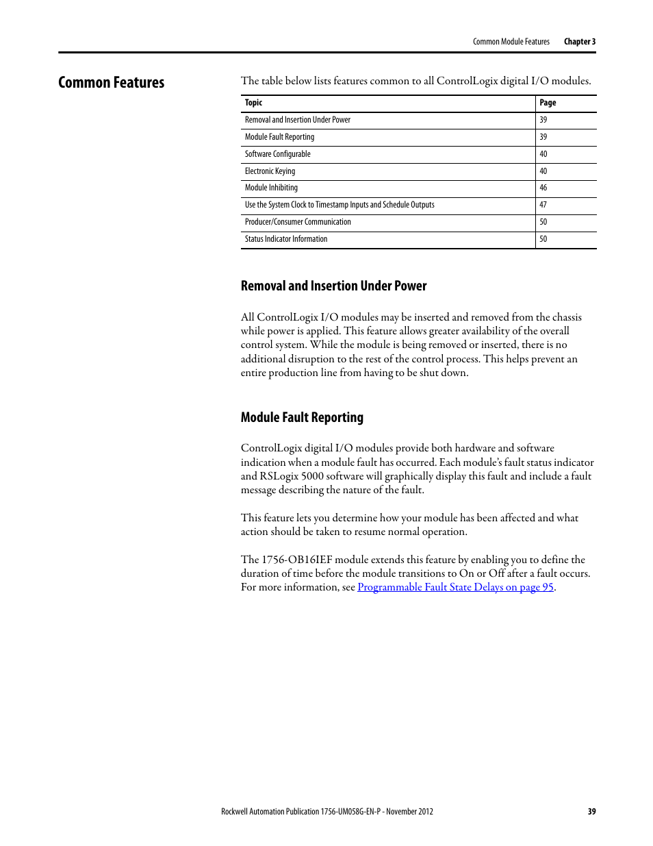 Common features, Removal and insertion under power, Module fault reporting | Rockwell Automation 1756-XXXX ControlLogix Digital I/O Modules User Manual | Page 39 / 258