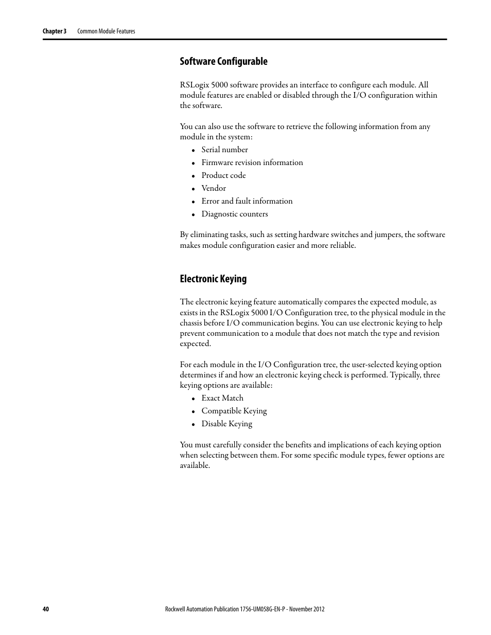 Software configurable, Electronic keying, Software configurable electronic keying | Rockwell Automation 1756-XXXX ControlLogix Digital I/O Modules User Manual | Page 40 / 258