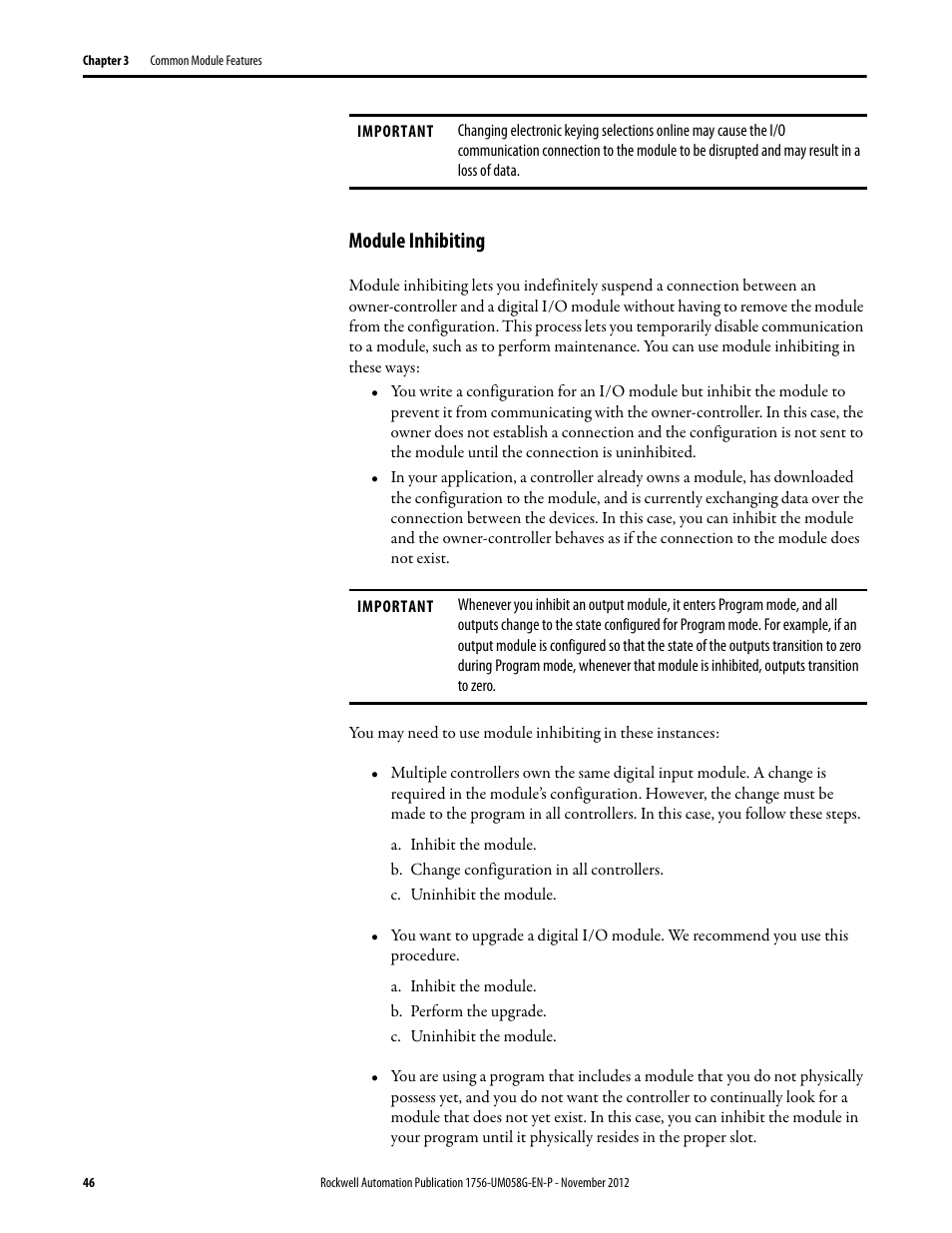 Module inhibiting | Rockwell Automation 1756-XXXX ControlLogix Digital I/O Modules User Manual | Page 46 / 258