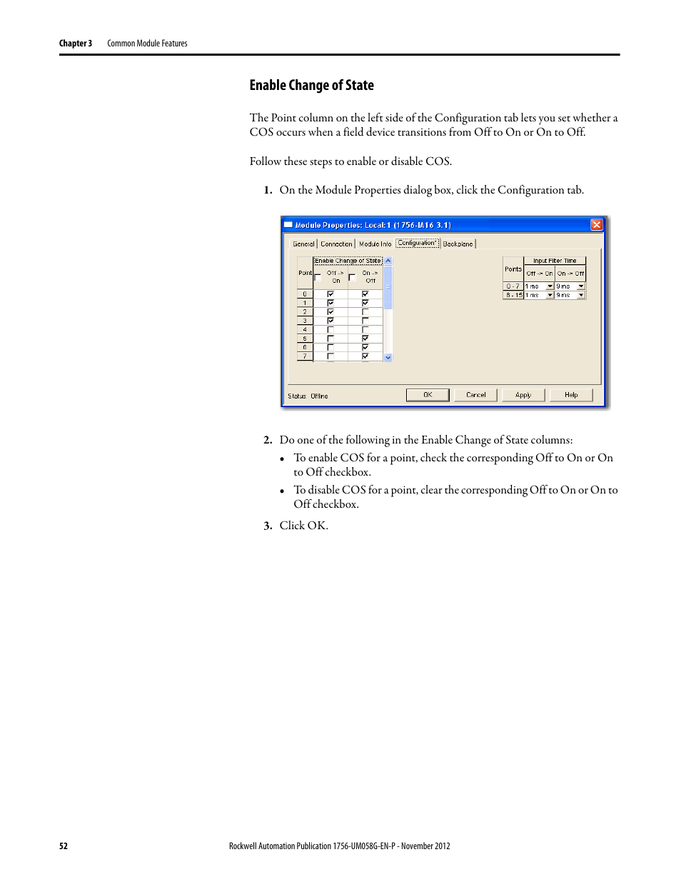 Enable change of state | Rockwell Automation 1756-XXXX ControlLogix Digital I/O Modules User Manual | Page 52 / 258