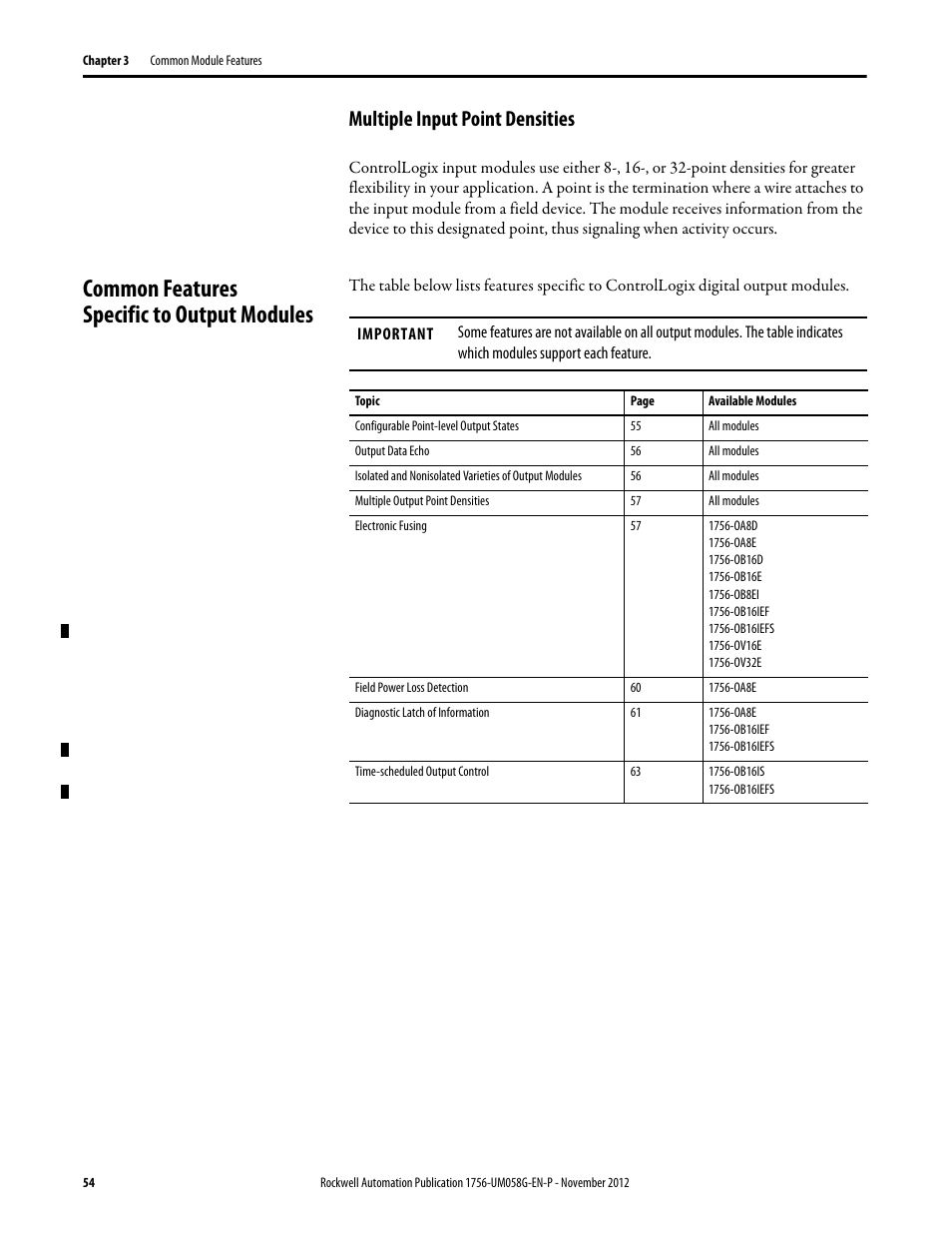 Multiple input point densities, Common features specific to output modules | Rockwell Automation 1756-XXXX ControlLogix Digital I/O Modules User Manual | Page 54 / 258