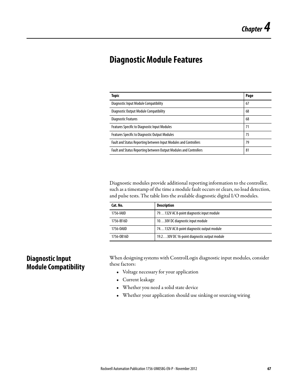 4 - diagnostic module features, Diagnostic input module compatibility, Chapter 4 | Diagnostic module features, Chapter | Rockwell Automation 1756-XXXX ControlLogix Digital I/O Modules User Manual | Page 67 / 258