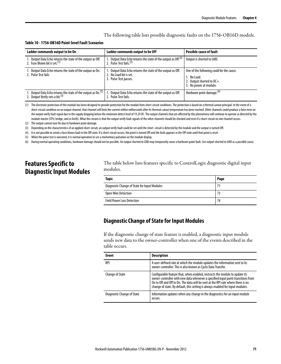 Features specific to diagnostic input modules, Diagnostic change of state for input modules | Rockwell Automation 1756-XXXX ControlLogix Digital I/O Modules User Manual | Page 71 / 258