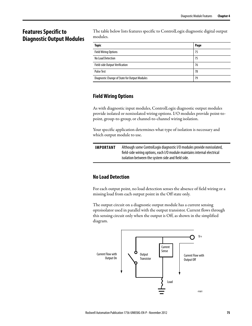 Features specific to diagnostic output modules, Field wiring options, No load detection | Field wiring options no load detection | Rockwell Automation 1756-XXXX ControlLogix Digital I/O Modules User Manual | Page 75 / 258