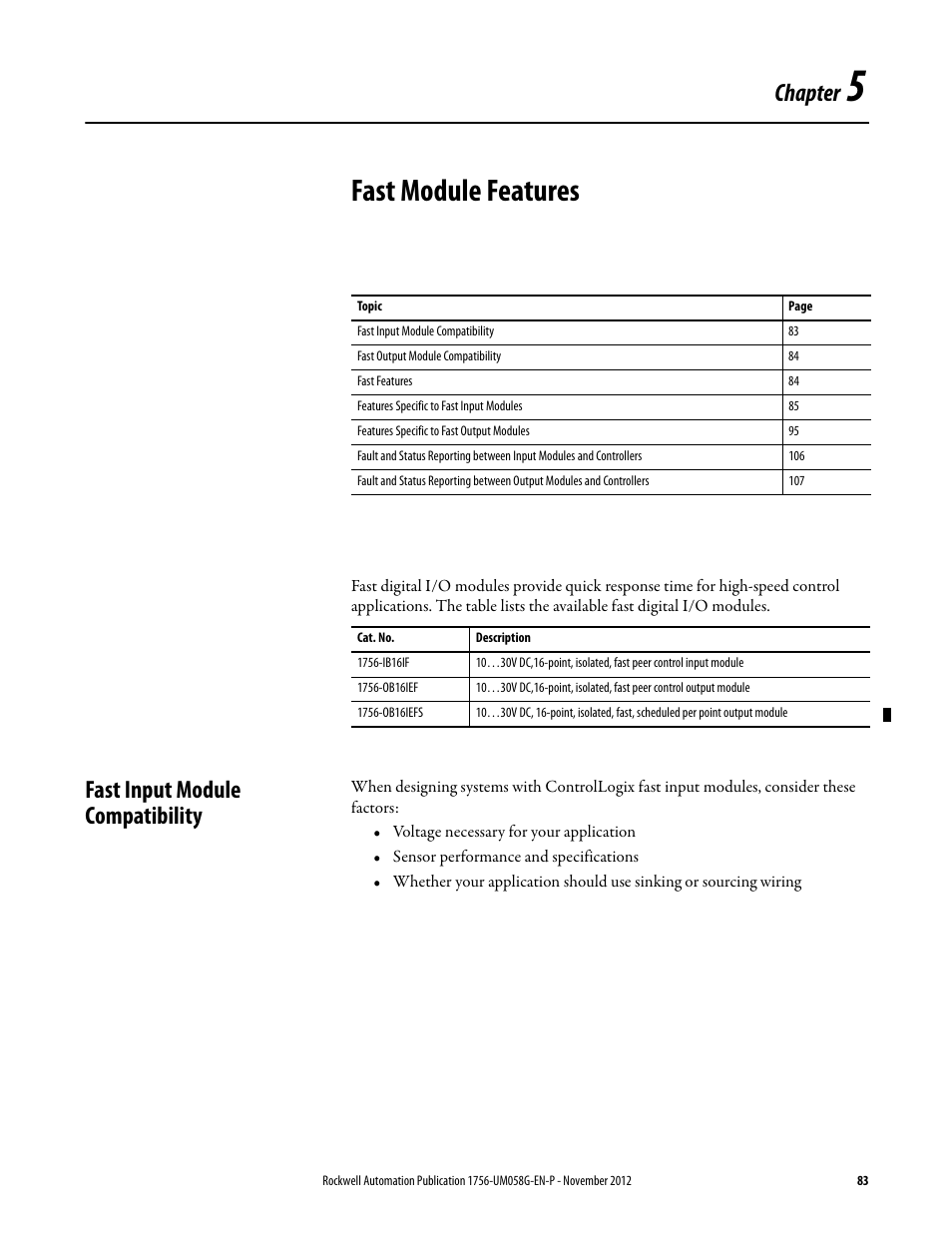 5 - fast module features, Fast input module compatibility, Chapter 5 | Fast module features, Chapter | Rockwell Automation 1756-XXXX ControlLogix Digital I/O Modules User Manual | Page 83 / 258