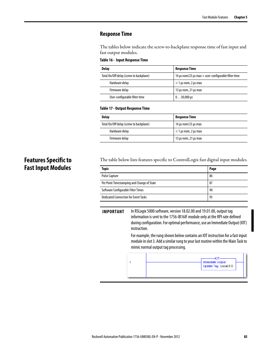 Response time, Features specific to fast input modules | Rockwell Automation 1756-XXXX ControlLogix Digital I/O Modules User Manual | Page 85 / 258