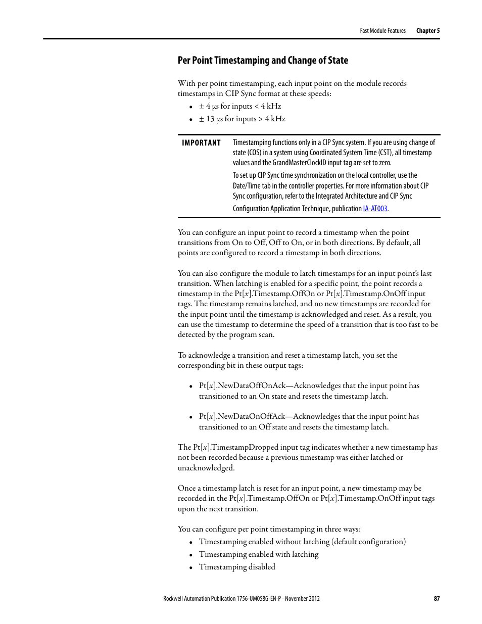Per point timestamping and change of state, Per point timestamping and change of | Rockwell Automation 1756-XXXX ControlLogix Digital I/O Modules User Manual | Page 87 / 258