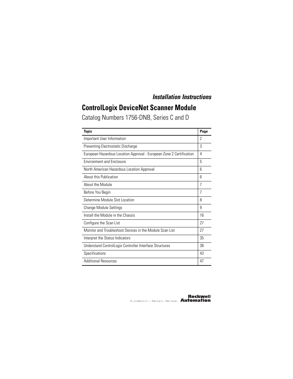 Rockwell Automation 1756-DNB ControlLogix DeviceNet Scanner Module Installation Instructions User Manual | 48 pages