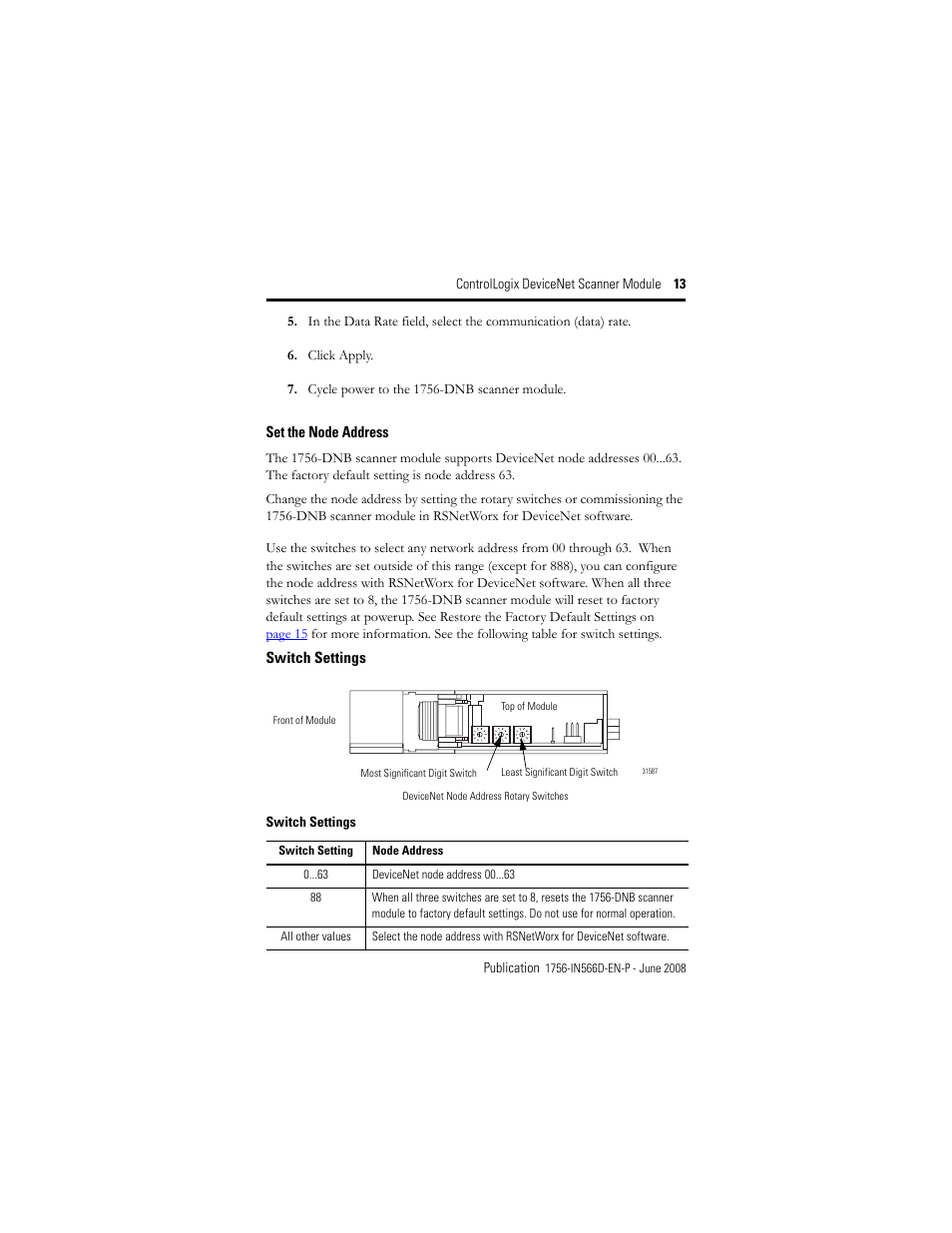 Set the node address | Rockwell Automation 1756-DNB ControlLogix DeviceNet Scanner Module Installation Instructions User Manual | Page 13 / 48