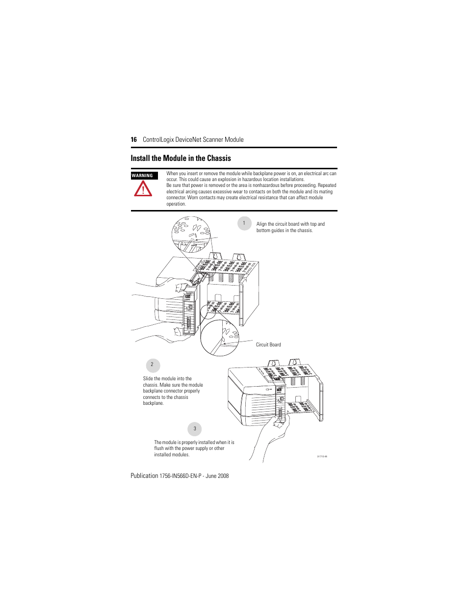 Install the module in the chassis | Rockwell Automation 1756-DNB ControlLogix DeviceNet Scanner Module Installation Instructions User Manual | Page 16 / 48