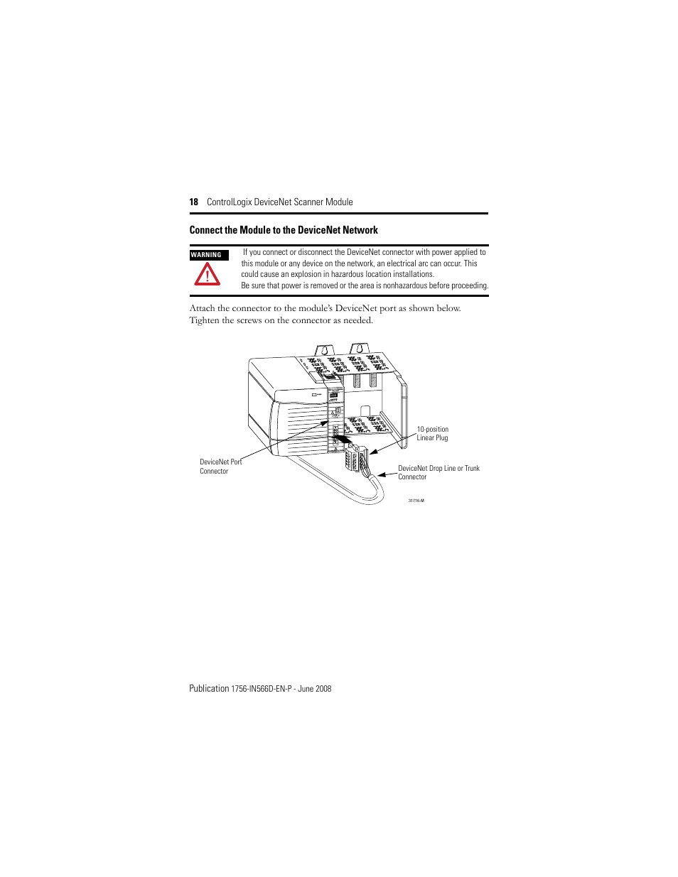 Connect the module to the devicenet network | Rockwell Automation 1756-DNB ControlLogix DeviceNet Scanner Module Installation Instructions User Manual | Page 18 / 48
