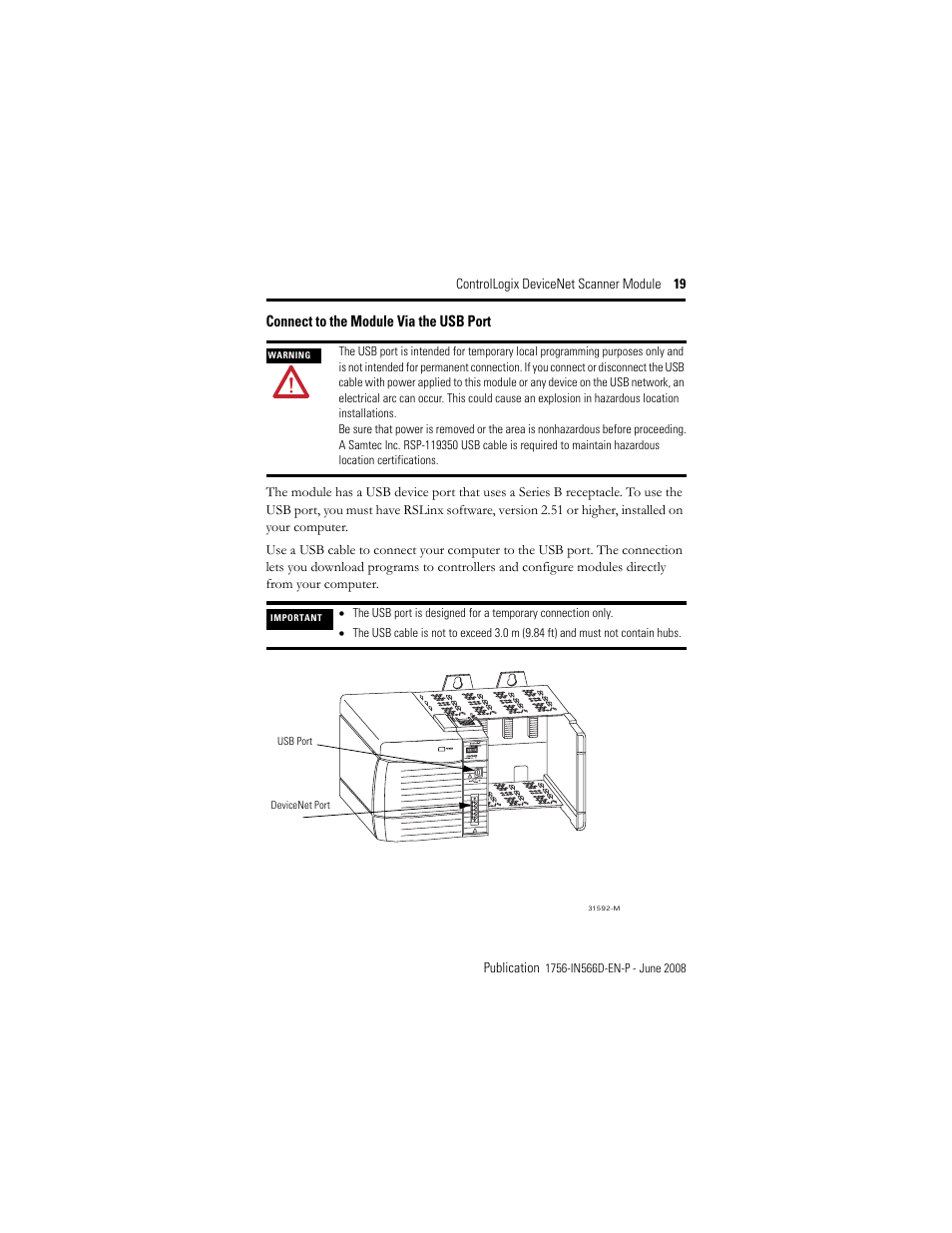Connect to the module via the usb port | Rockwell Automation 1756-DNB ControlLogix DeviceNet Scanner Module Installation Instructions User Manual | Page 19 / 48
