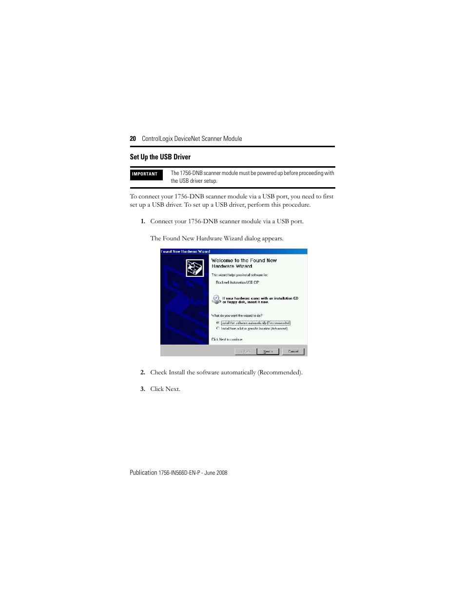 Set up the usb driver | Rockwell Automation 1756-DNB ControlLogix DeviceNet Scanner Module Installation Instructions User Manual | Page 20 / 48