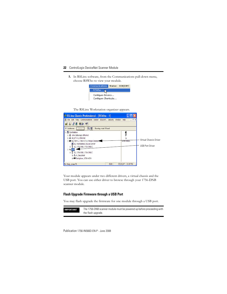 Flash upgrade firmware through a usb port | Rockwell Automation 1756-DNB ControlLogix DeviceNet Scanner Module Installation Instructions User Manual | Page 22 / 48