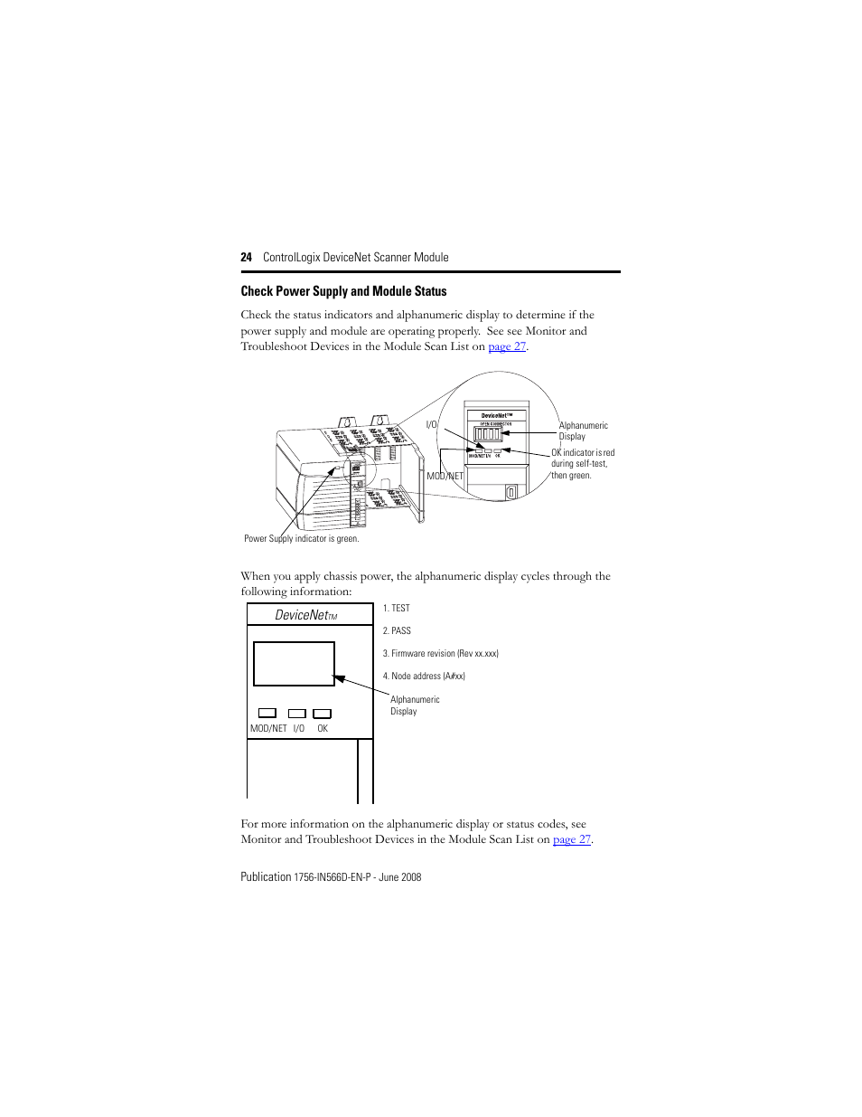 Check power supply and module status | Rockwell Automation 1756-DNB ControlLogix DeviceNet Scanner Module Installation Instructions User Manual | Page 24 / 48