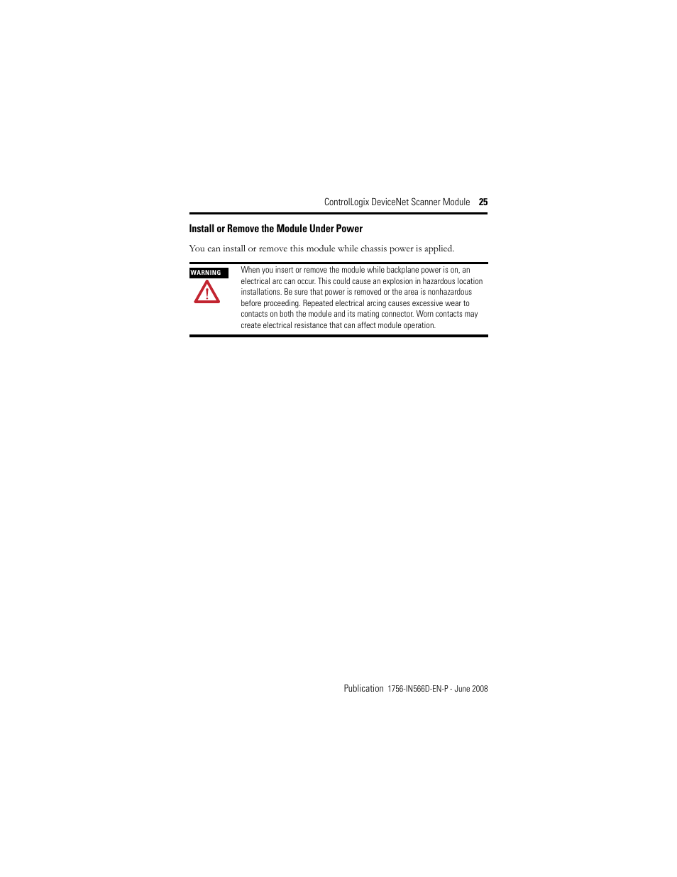 Install or remove the module under power | Rockwell Automation 1756-DNB ControlLogix DeviceNet Scanner Module Installation Instructions User Manual | Page 25 / 48