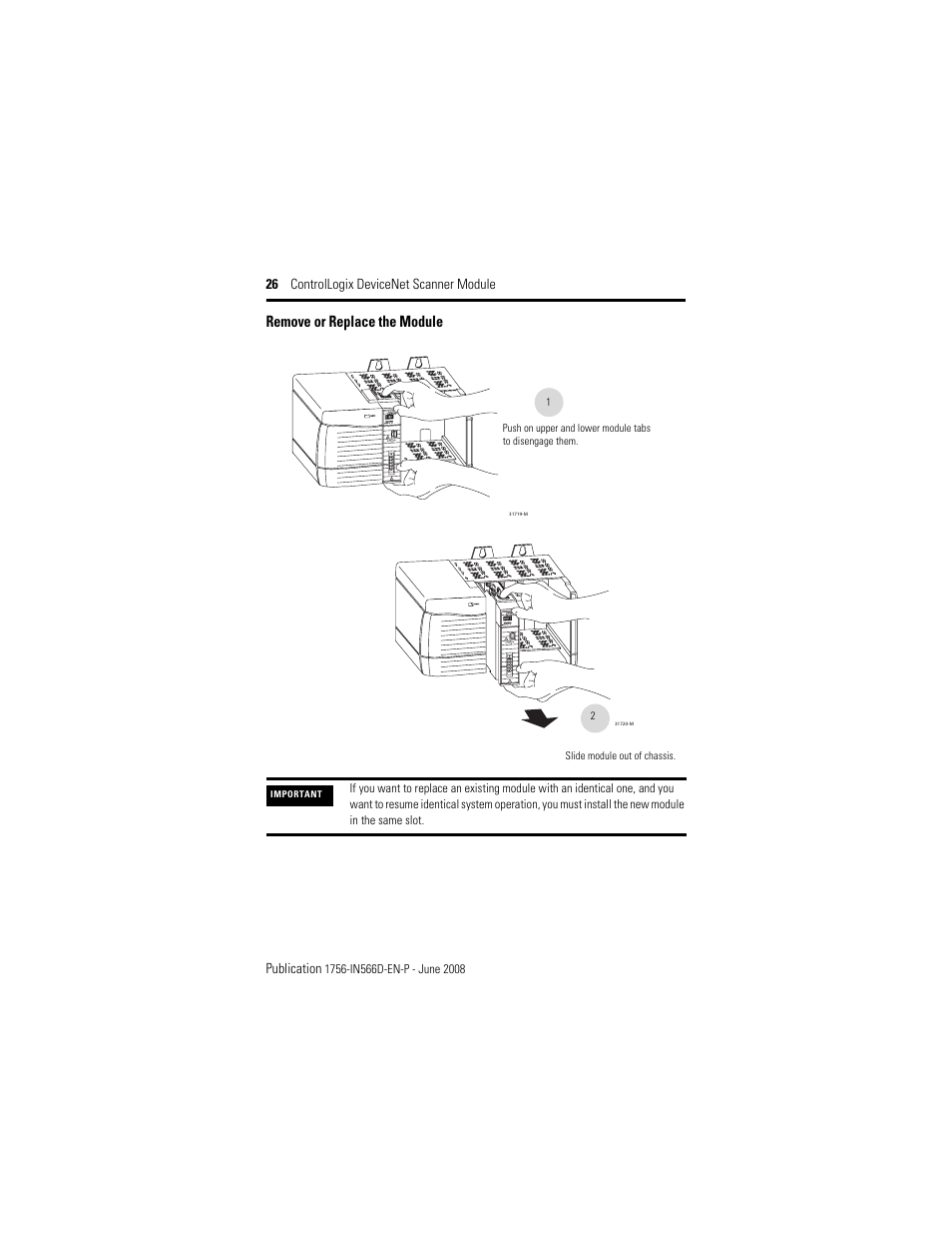 Remove or replace the module | Rockwell Automation 1756-DNB ControlLogix DeviceNet Scanner Module Installation Instructions User Manual | Page 26 / 48