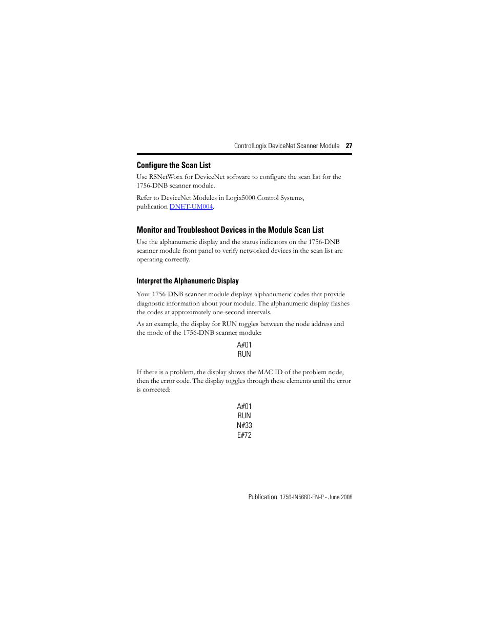 Configure the scan list, Interpret the alphanumeric display | Rockwell Automation 1756-DNB ControlLogix DeviceNet Scanner Module Installation Instructions User Manual | Page 27 / 48