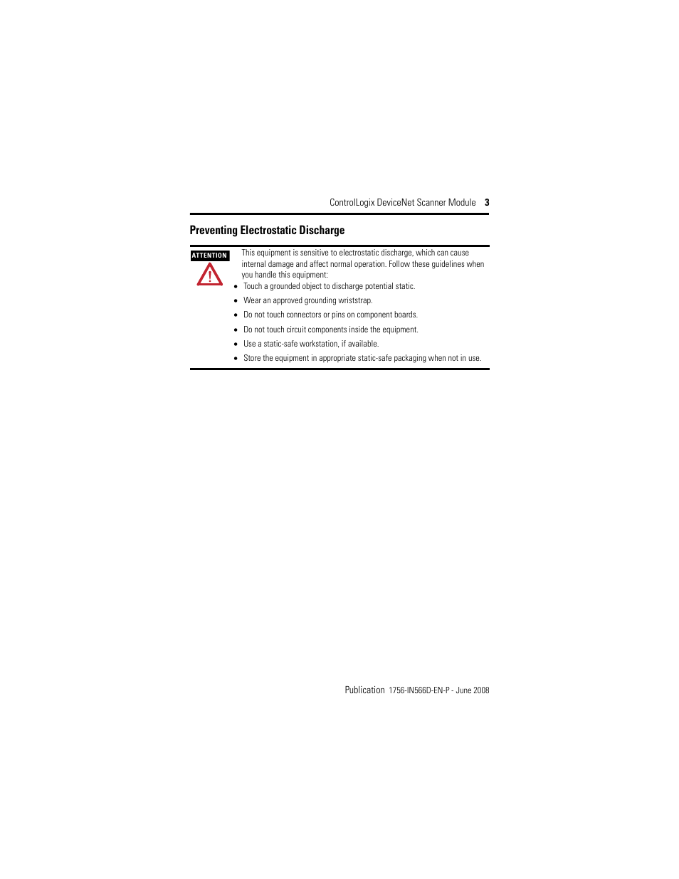 Preventing electrostatic discharge | Rockwell Automation 1756-DNB ControlLogix DeviceNet Scanner Module Installation Instructions User Manual | Page 3 / 48