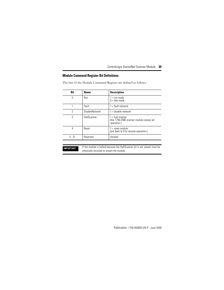 Module command register bit definitions | Rockwell Automation 1756-DNB ControlLogix DeviceNet Scanner Module Installation Instructions User Manual | Page 39 / 48
