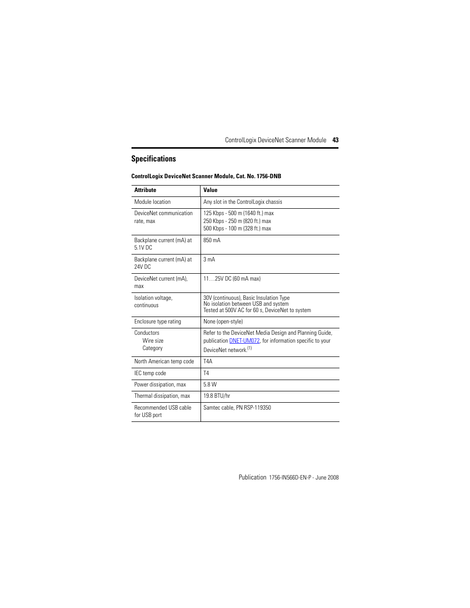 Specifications | Rockwell Automation 1756-DNB ControlLogix DeviceNet Scanner Module Installation Instructions User Manual | Page 43 / 48