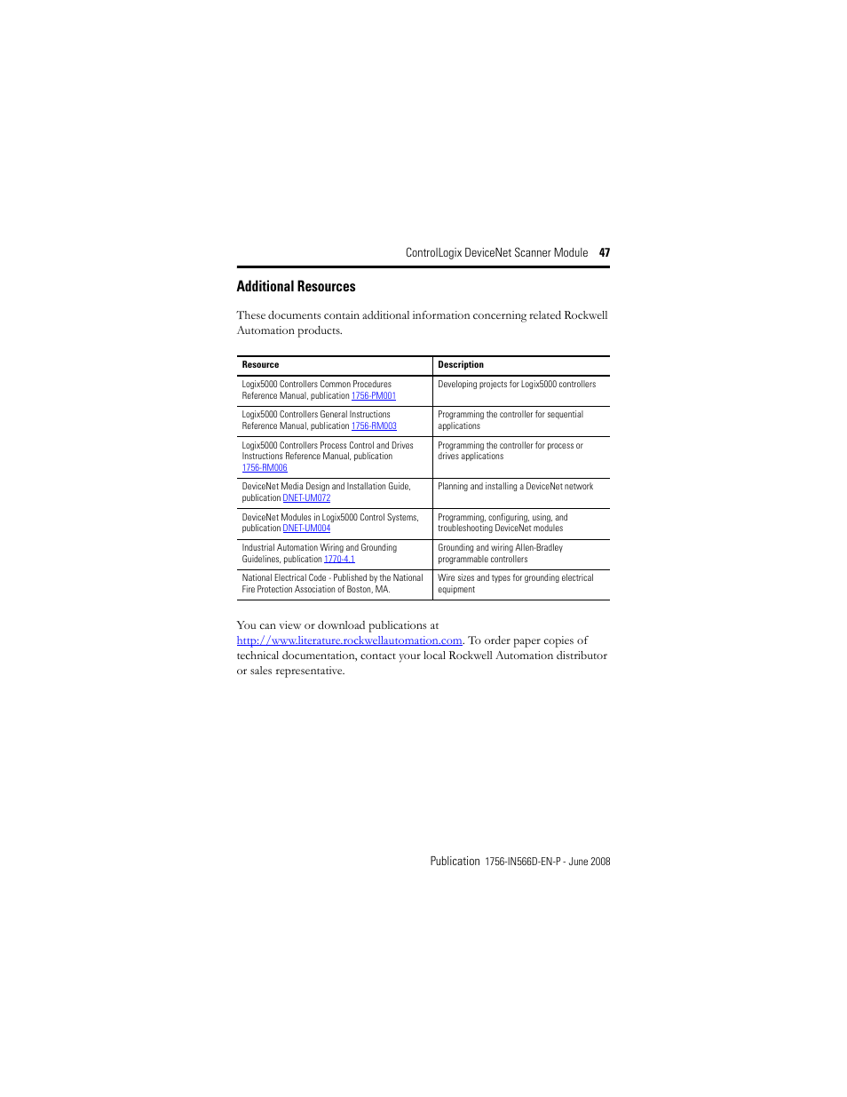 Additional resources | Rockwell Automation 1756-DNB ControlLogix DeviceNet Scanner Module Installation Instructions User Manual | Page 47 / 48