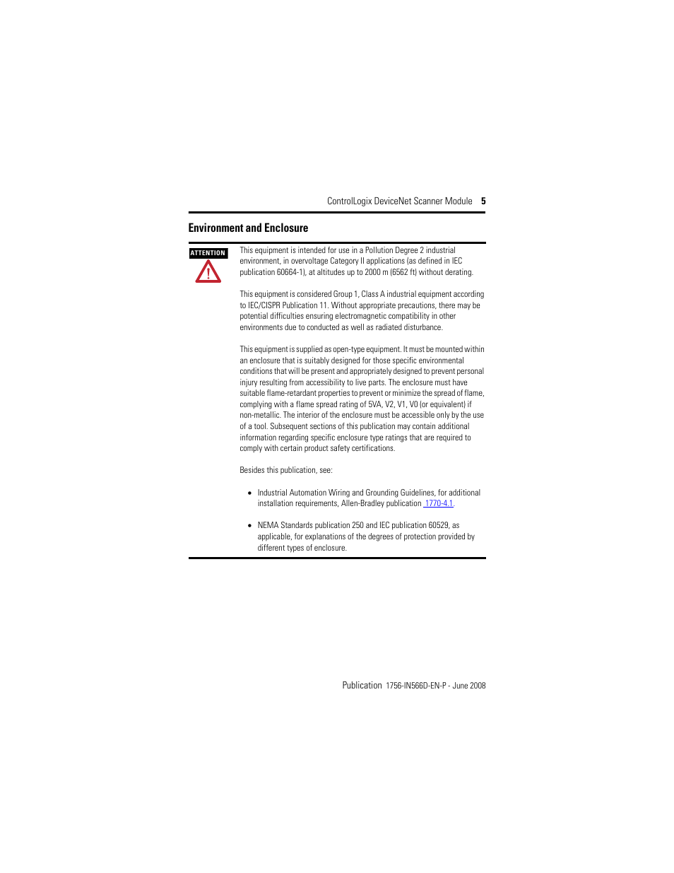 Environment and enclosure | Rockwell Automation 1756-DNB ControlLogix DeviceNet Scanner Module Installation Instructions User Manual | Page 5 / 48