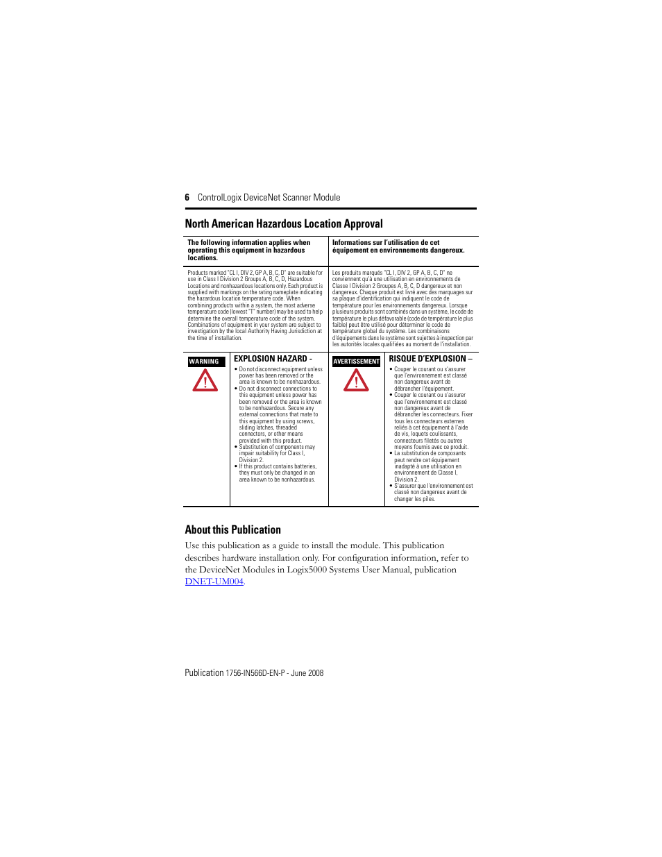 North american hazardous location approval, About this publication | Rockwell Automation 1756-DNB ControlLogix DeviceNet Scanner Module Installation Instructions User Manual | Page 6 / 48