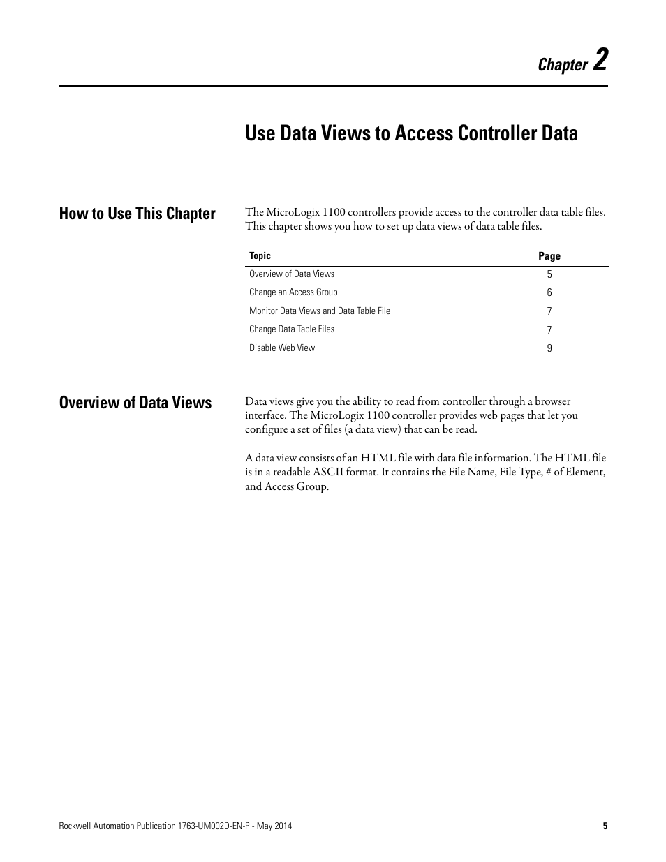 2 - use data views to access controller data, How to use this chapter, Overview of data views | Chapter 2, Use data views to access controller data, How to use this chapter overview of data views, Chapter | Rockwell Automation 1763-L16xxx MicroLogix 1100 Embedded Web Server User Manual User Manual | Page 11 / 30